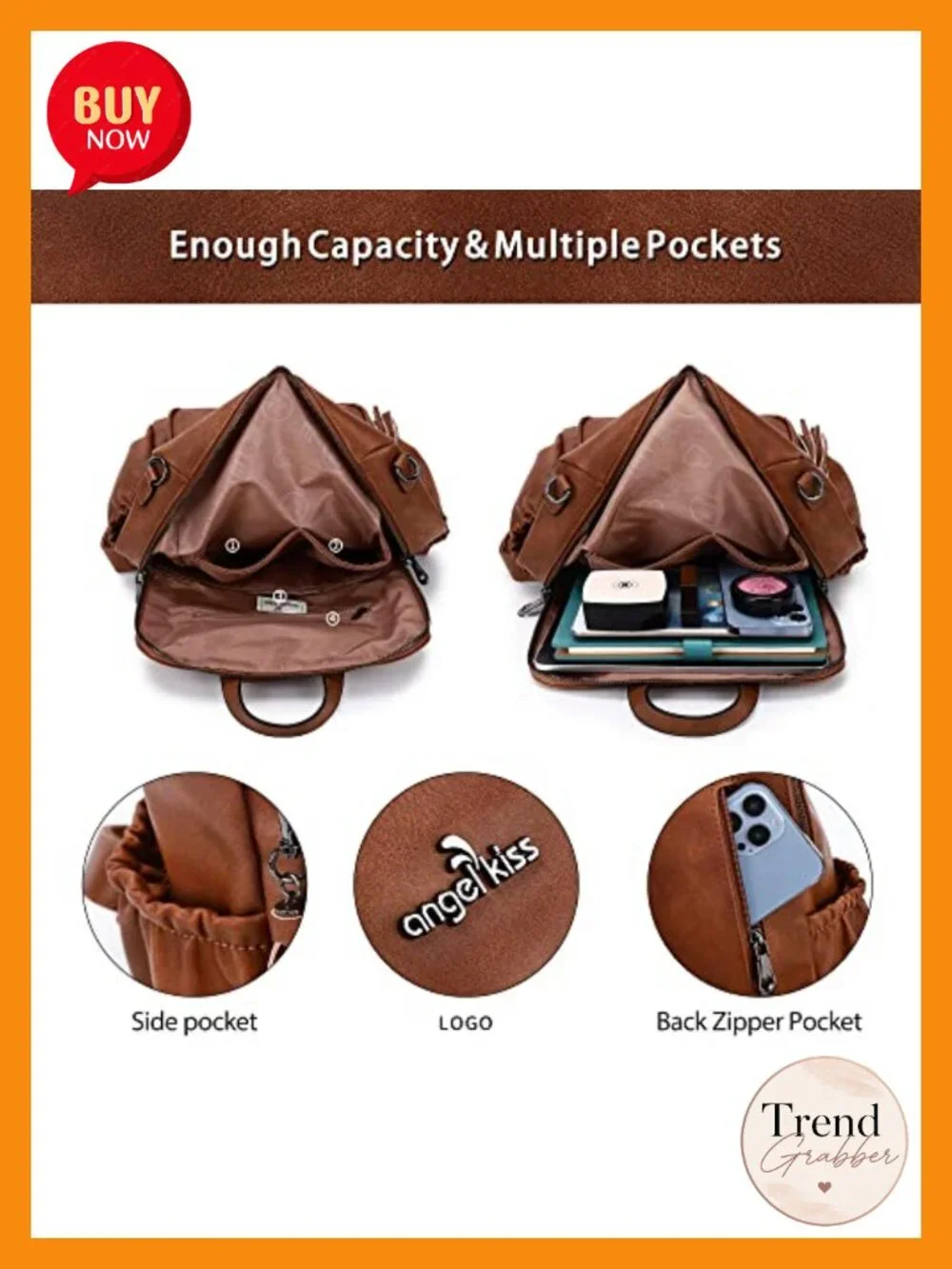 Vegan Leather Zipper Casual Backpack & Shoulder Bag with Waterproof Pocket